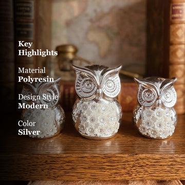 Luxury Silver Owl Figurines Set – Crystal Floral Home Décor
