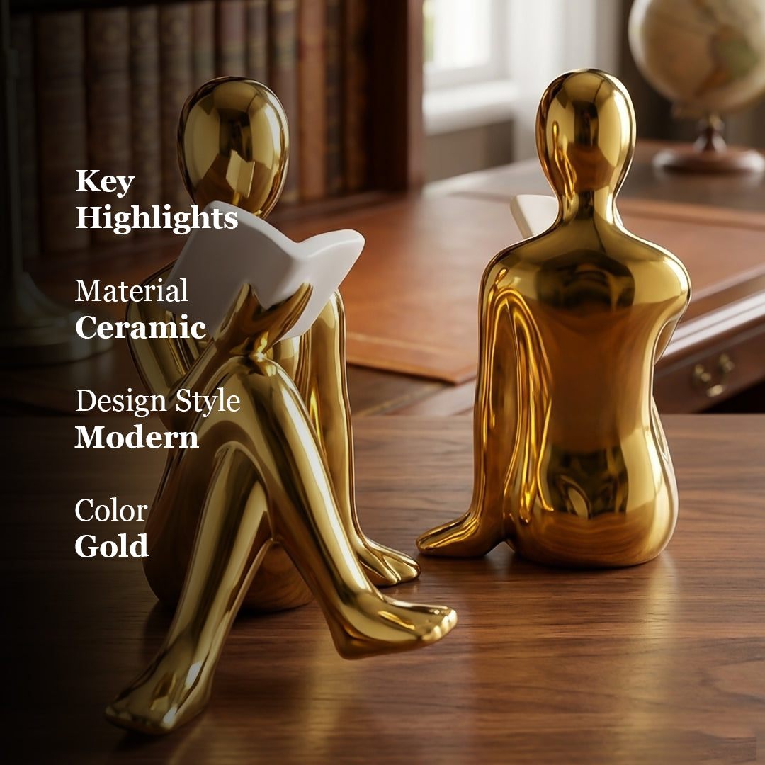 Luxury Golden Man Reading Figurine – Modern Home & Office Decor Showpiece