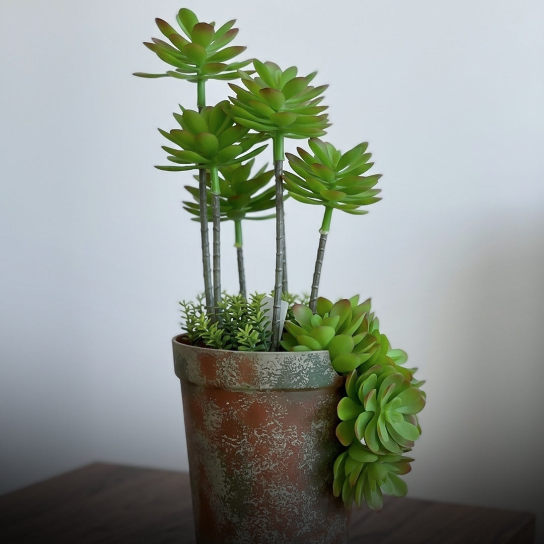 Plastic Succulent With Brick Red Plastic Pot Special Spraying Color Green