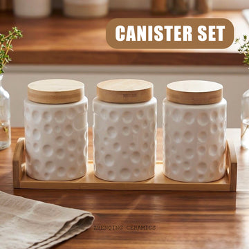 Ceramic Canister Trio -3 Canister with wooden lid