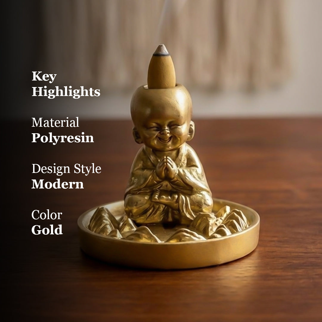 Golden Monk Incense Burner – Backflow Cone & Stick Holder Decor