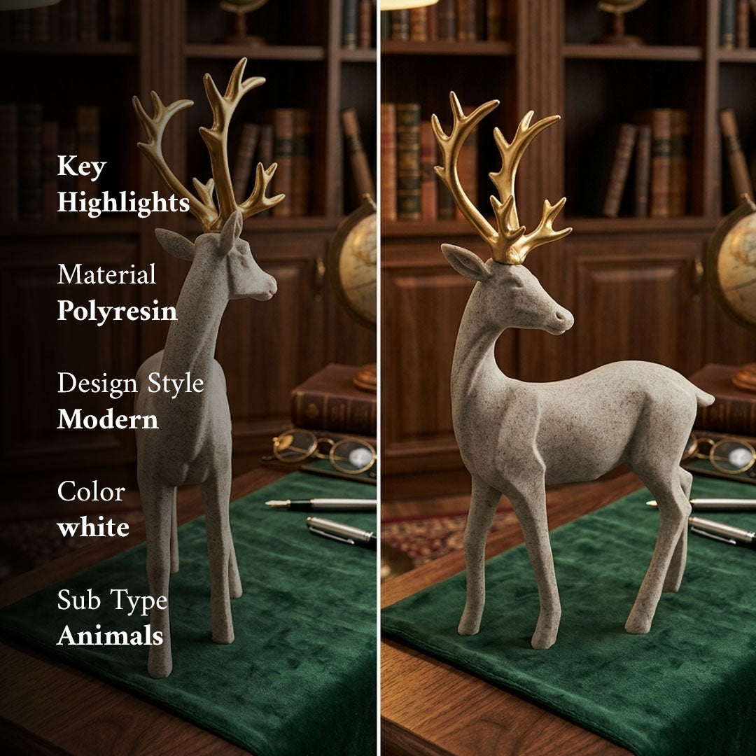 Elegant Deer Sculpture with Gold Antlers – Luxury Resin Animal Showpiece