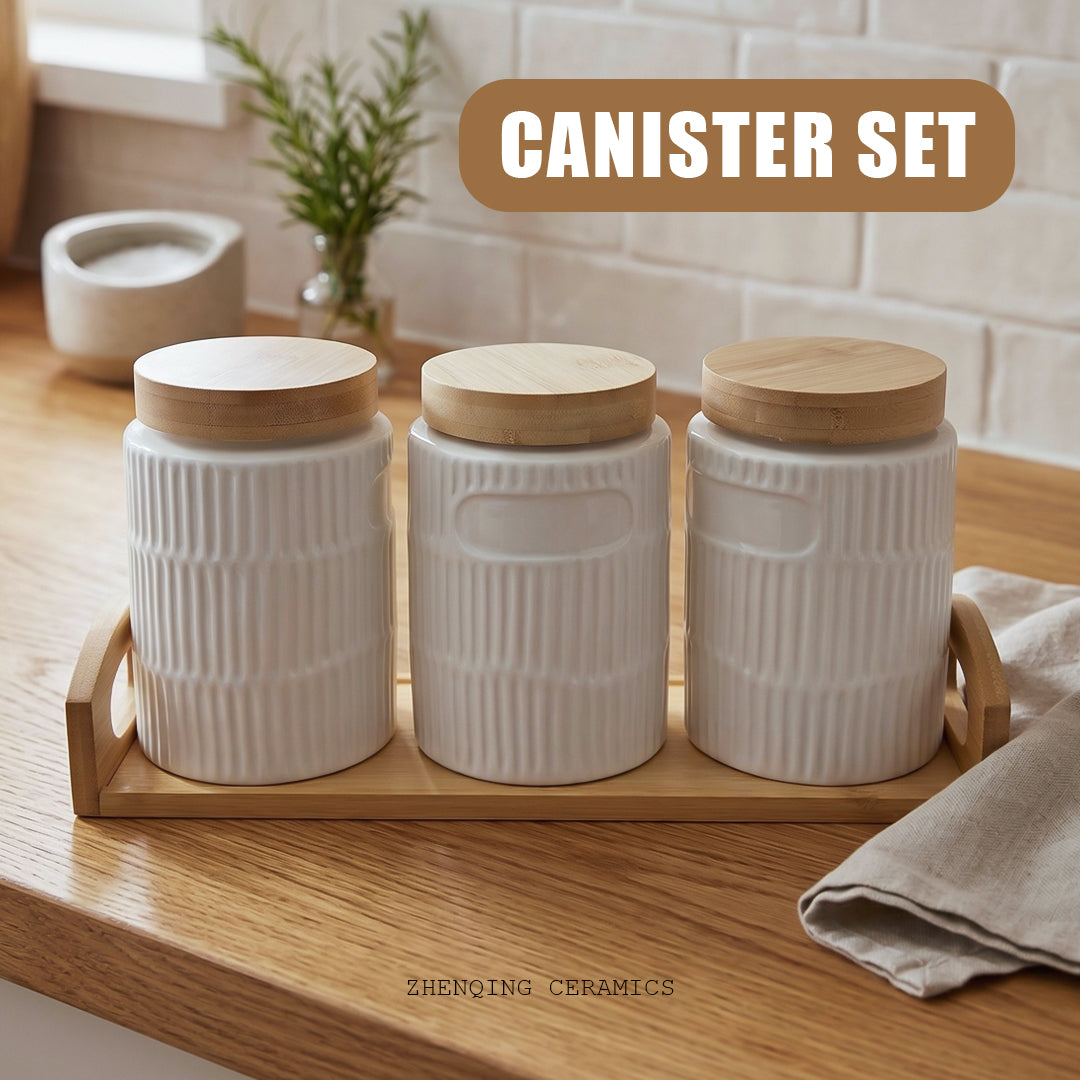 Ceramic Canister Trio -3 Canister with wooden lid