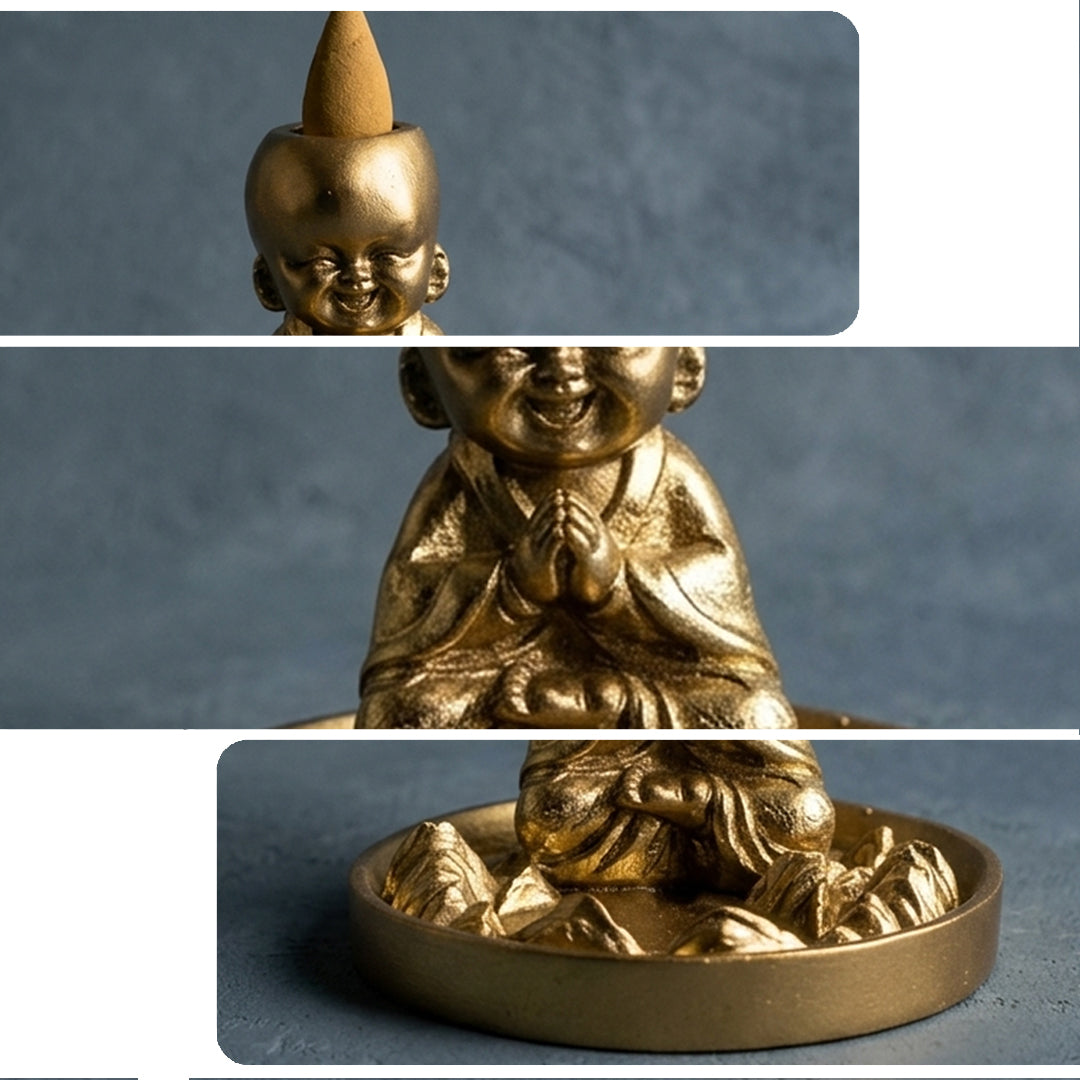 Golden Monk Incense Burner – Backflow Cone & Stick Holder Decor