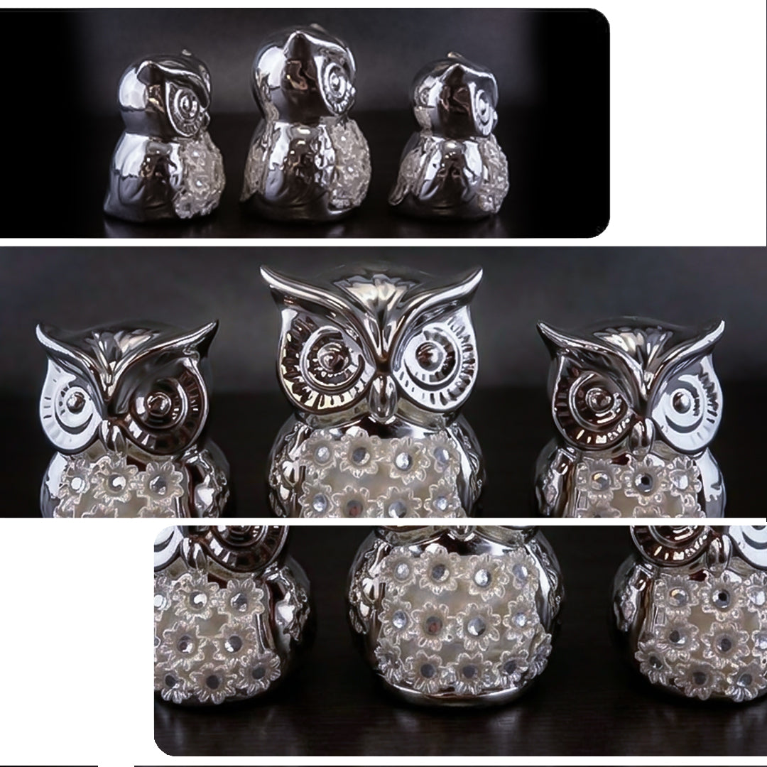 Luxury Silver Owl Figurines Set – Crystal Floral Home Décor