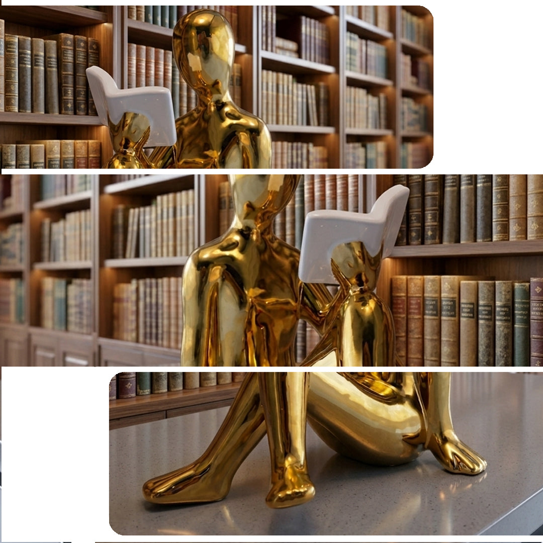 Luxury Golden Man Reading Figurine – Modern Home & Office Decor Showpiece