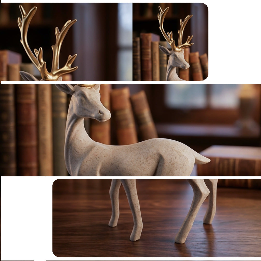 Elegant Deer Sculpture with Gold Antlers – Luxury Resin Animal Showpiece