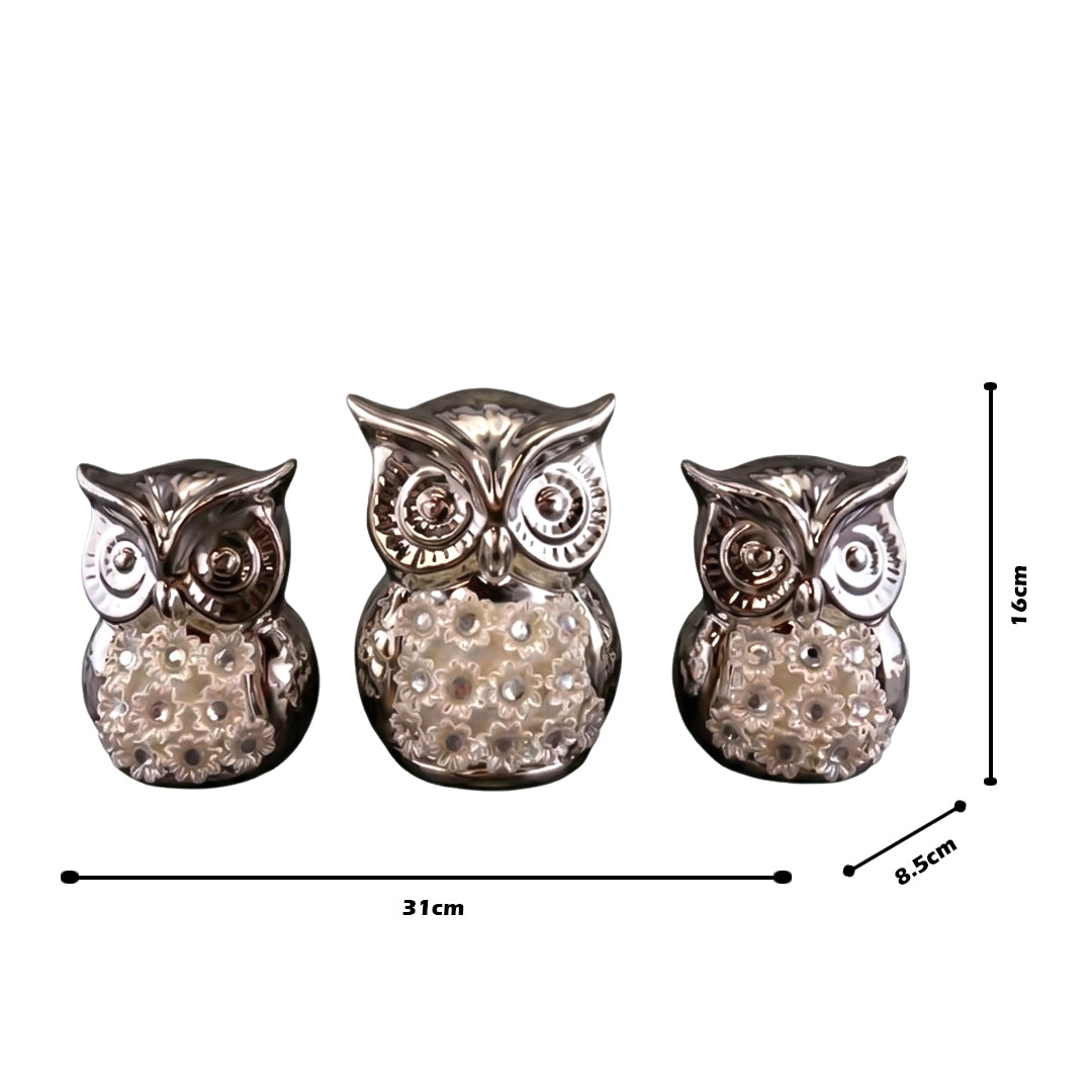 Luxury Silver Owl Figurines Set – Crystal Floral Home Décor