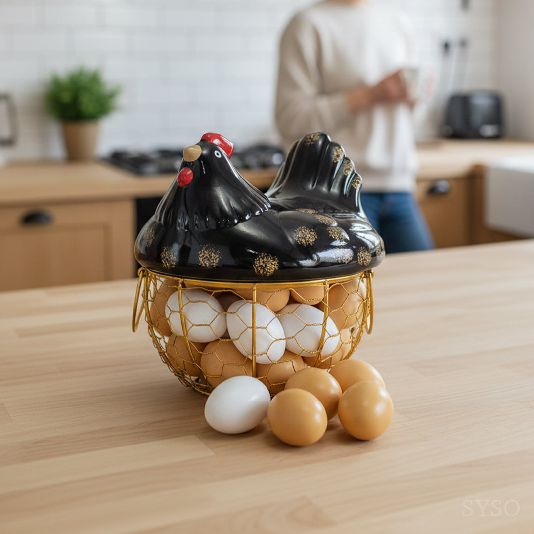 SYSO HenNest Ceramic Egg Keeper with Metal Wire Basket