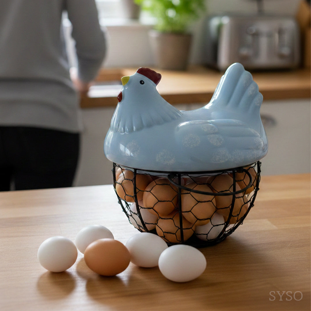 SYSO HenNest Ceramic Egg Keeper with Metal Wire Basket