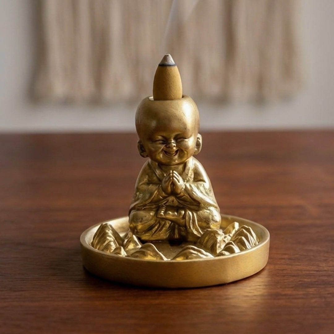Golden Monk Incense Burner – Backflow Cone & Stick Holder Decor