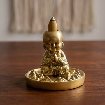 Golden Monk Incense Burner – Backflow Cone & Stick Holder Decor