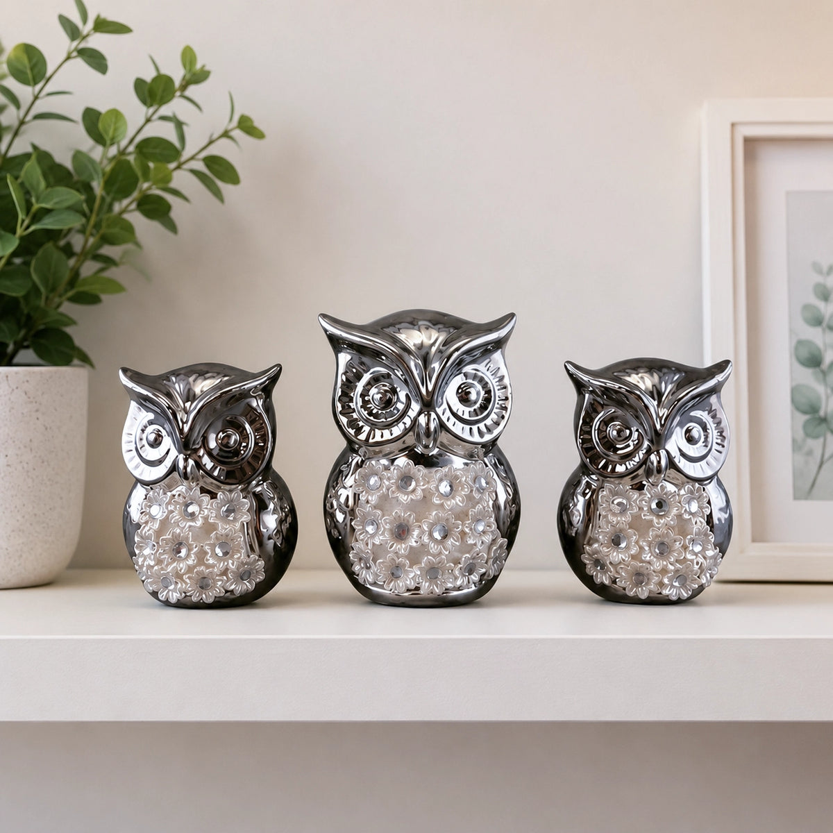 Luxury Silver Owl Figurines Set – Crystal Floral Home Décor