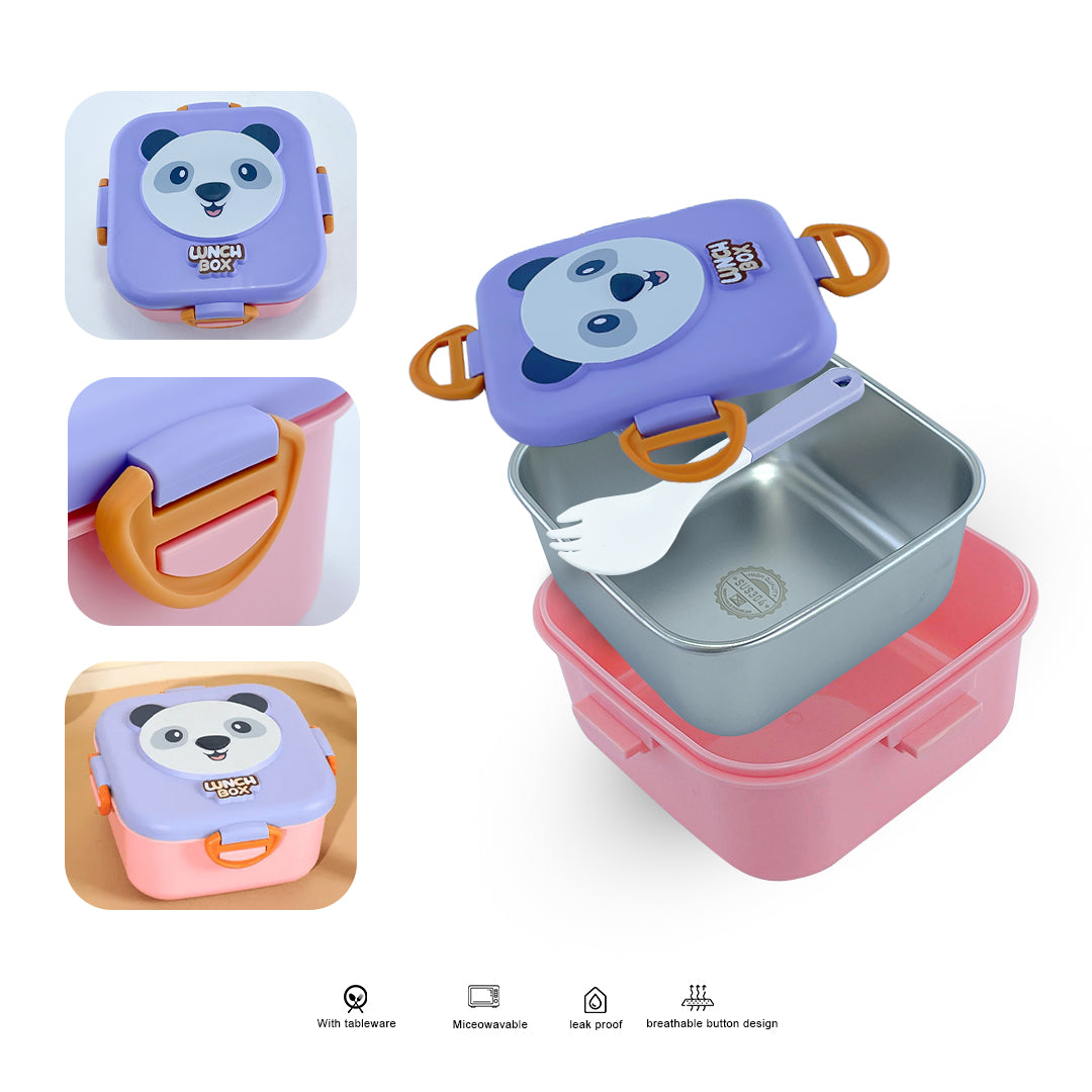 Cute Cartoon Kids Square Lunch Box with Spoon – Stainless Steel Interior, BPA-Free
