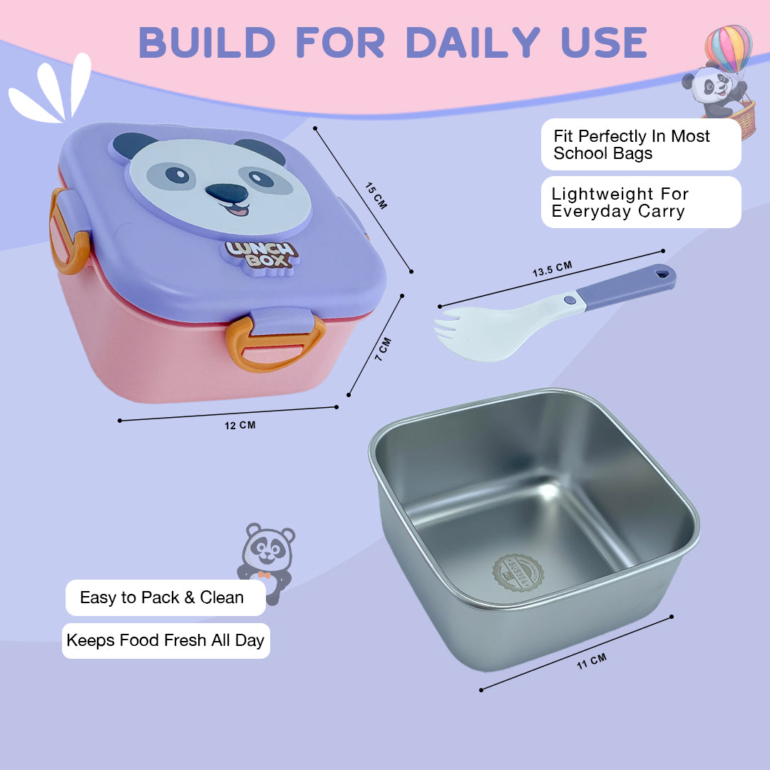 Cute Cartoon Kids Square Lunch Box with Spoon – Stainless Steel Interior, BPA-Free