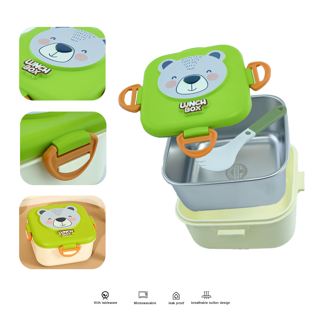 Cute Cartoon Kids Square Lunch Box with Spoon – Stainless Steel Interior, BPA-Free