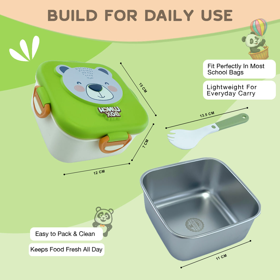 Cute Cartoon Kids Square Lunch Box with Spoon – Stainless Steel Interior, BPA-Free