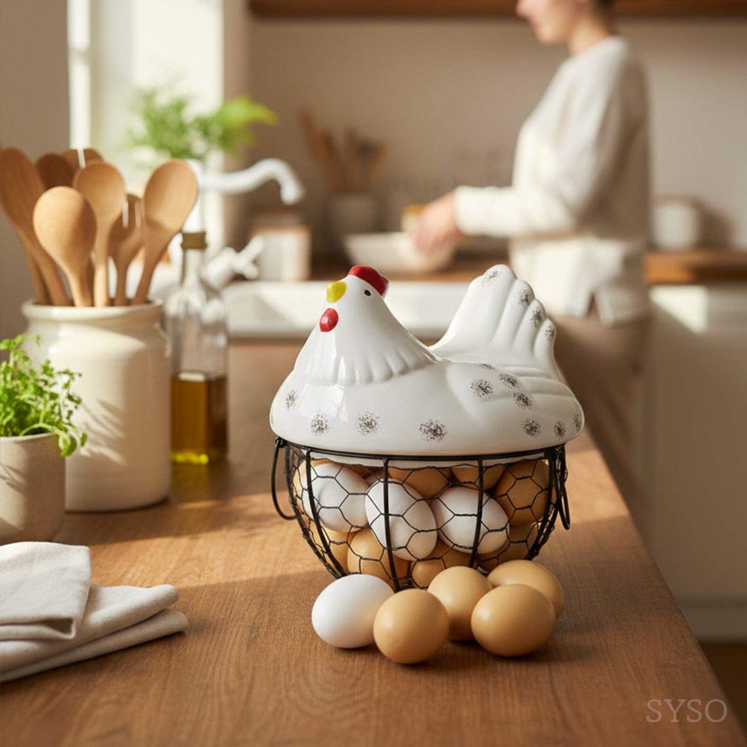 SYSO HenNest Ceramic Egg Keeper with Metal Wire Basket