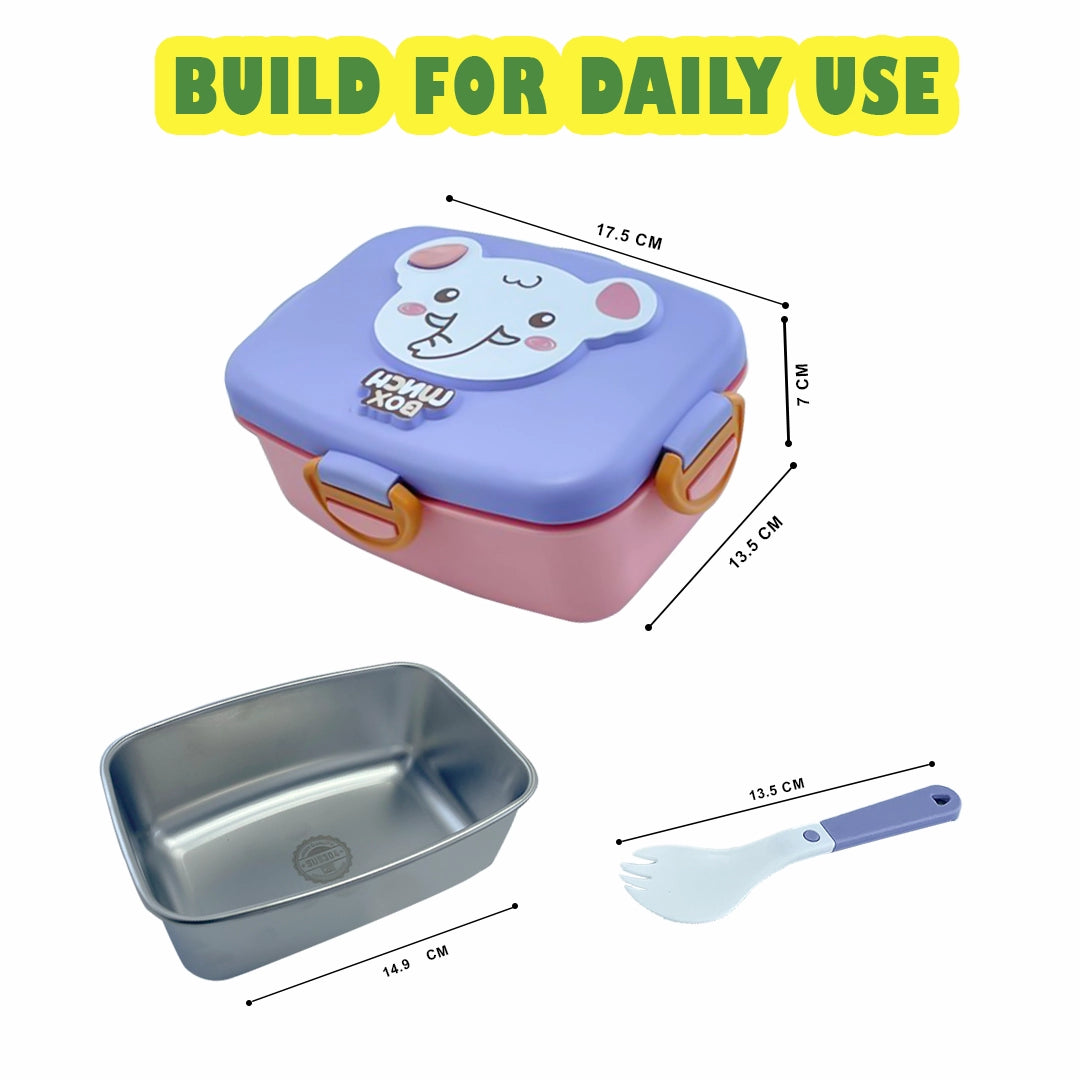 Cute Cartoon Kids  Rectangular Box with Spoon – Stainless Steel Interior, BPA-Free