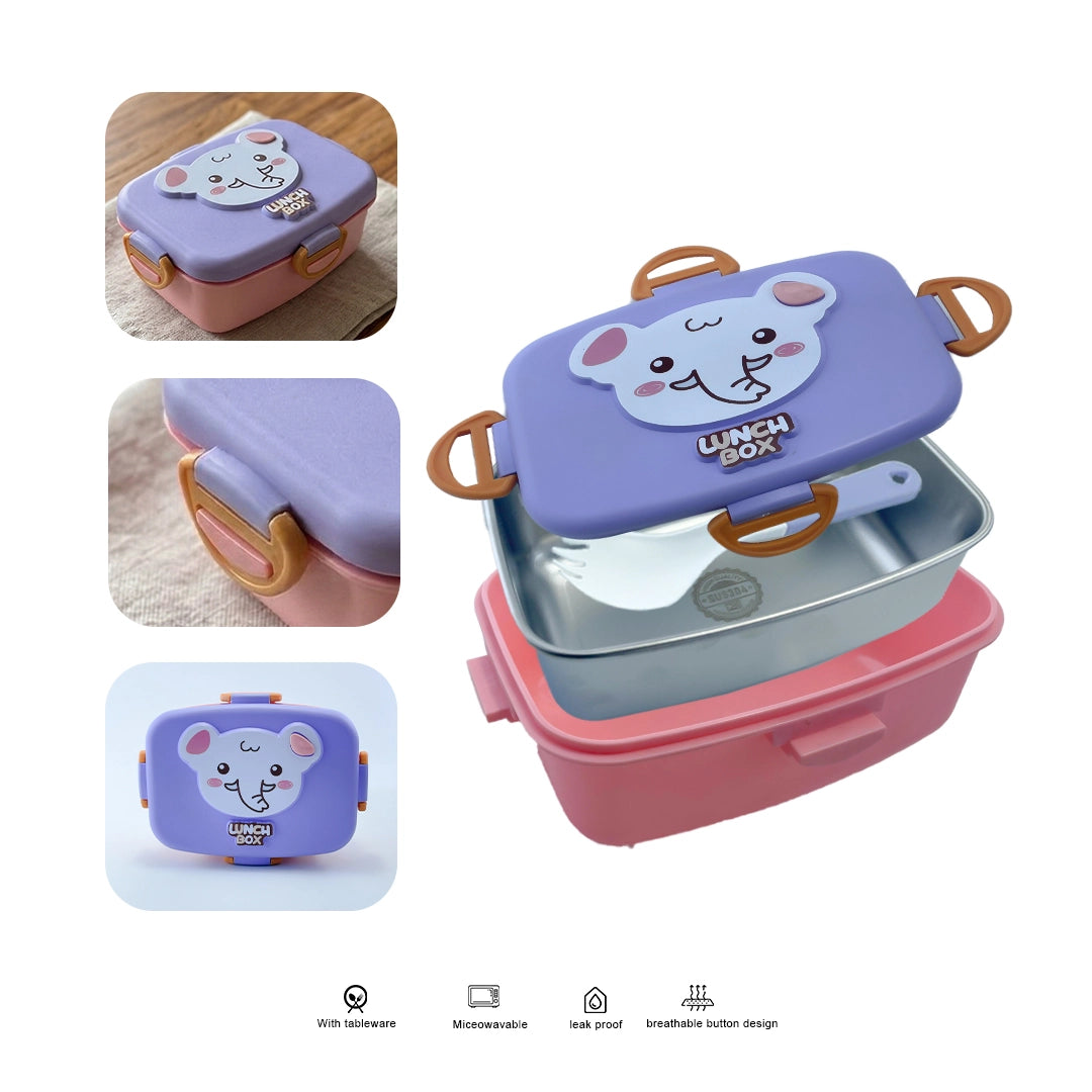 Cute Cartoon Kids  Rectangular Box with Spoon – Stainless Steel Interior, BPA-Free