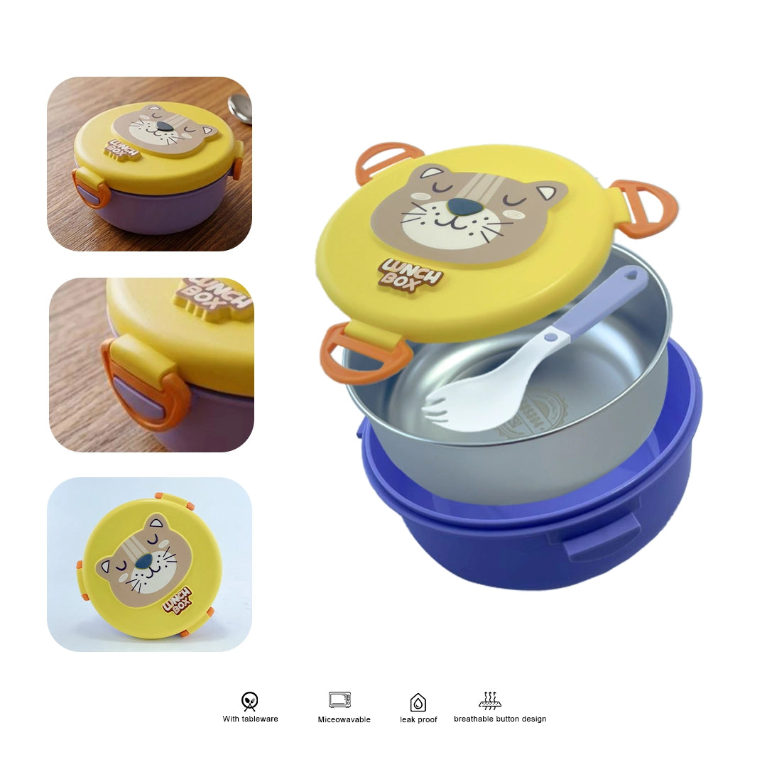 Cute Cartoon Kids Round Lunch Box with Spoon – Stainless Steel Interior, BPA-Free
