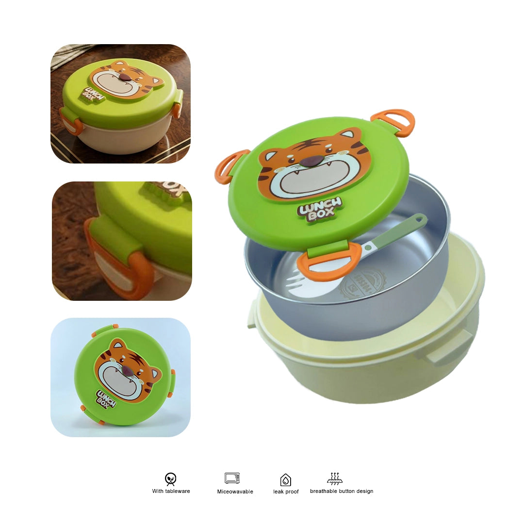 Cute Cartoon Kids Round Lunch Box with Spoon – Stainless Steel Interior, BPA-Free