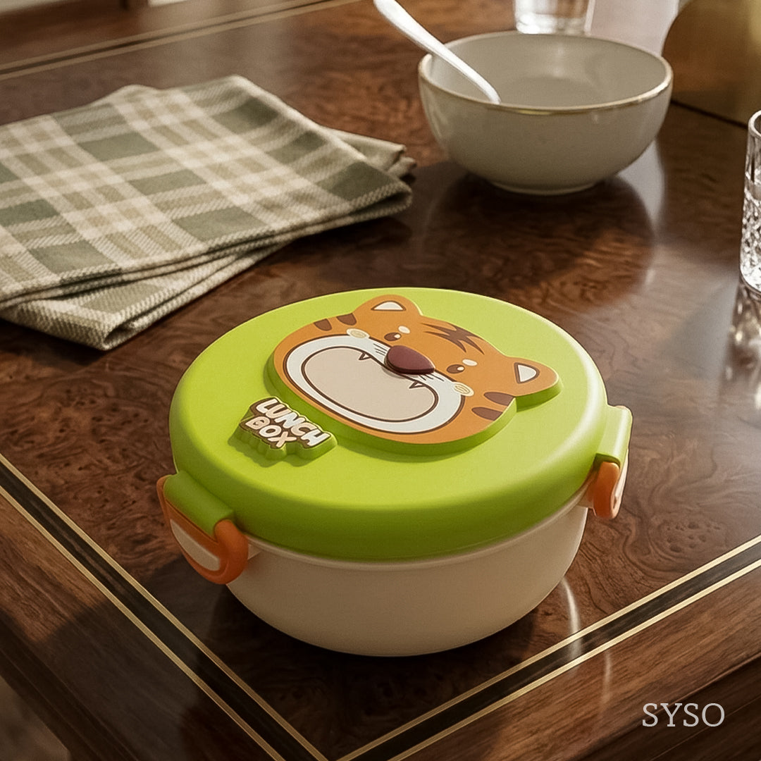 Cute Cartoon Kids Round Lunch Box with Spoon – Stainless Steel Interior, BPA-Free