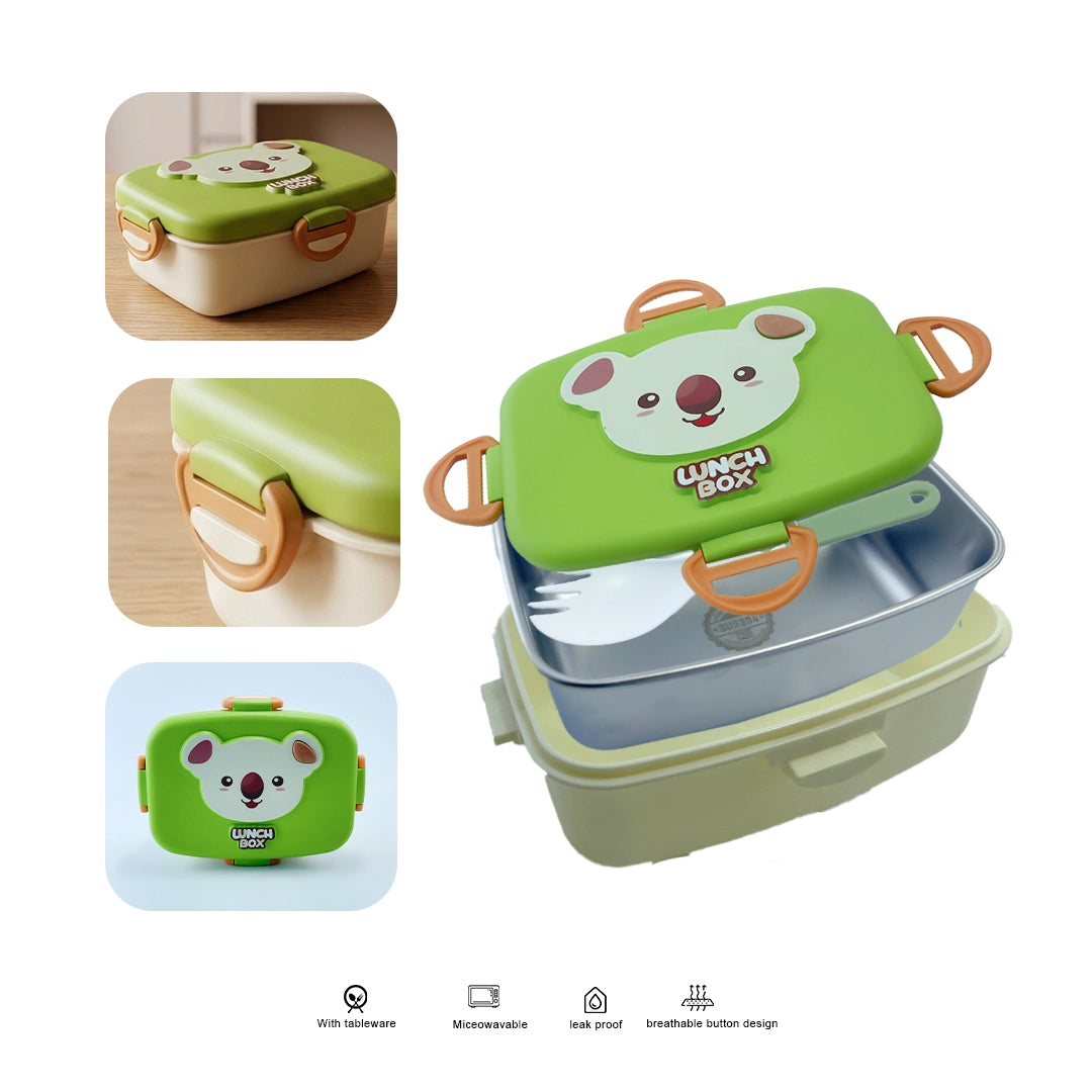 Cute Cartoon Kids  Rectangular Box with Spoon – Stainless Steel Interior, BPA-Free