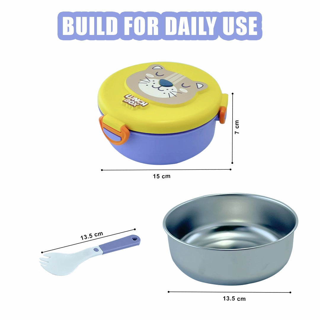 Cute Cartoon Kids Round Lunch Box with Spoon – Stainless Steel Interior, BPA-Free