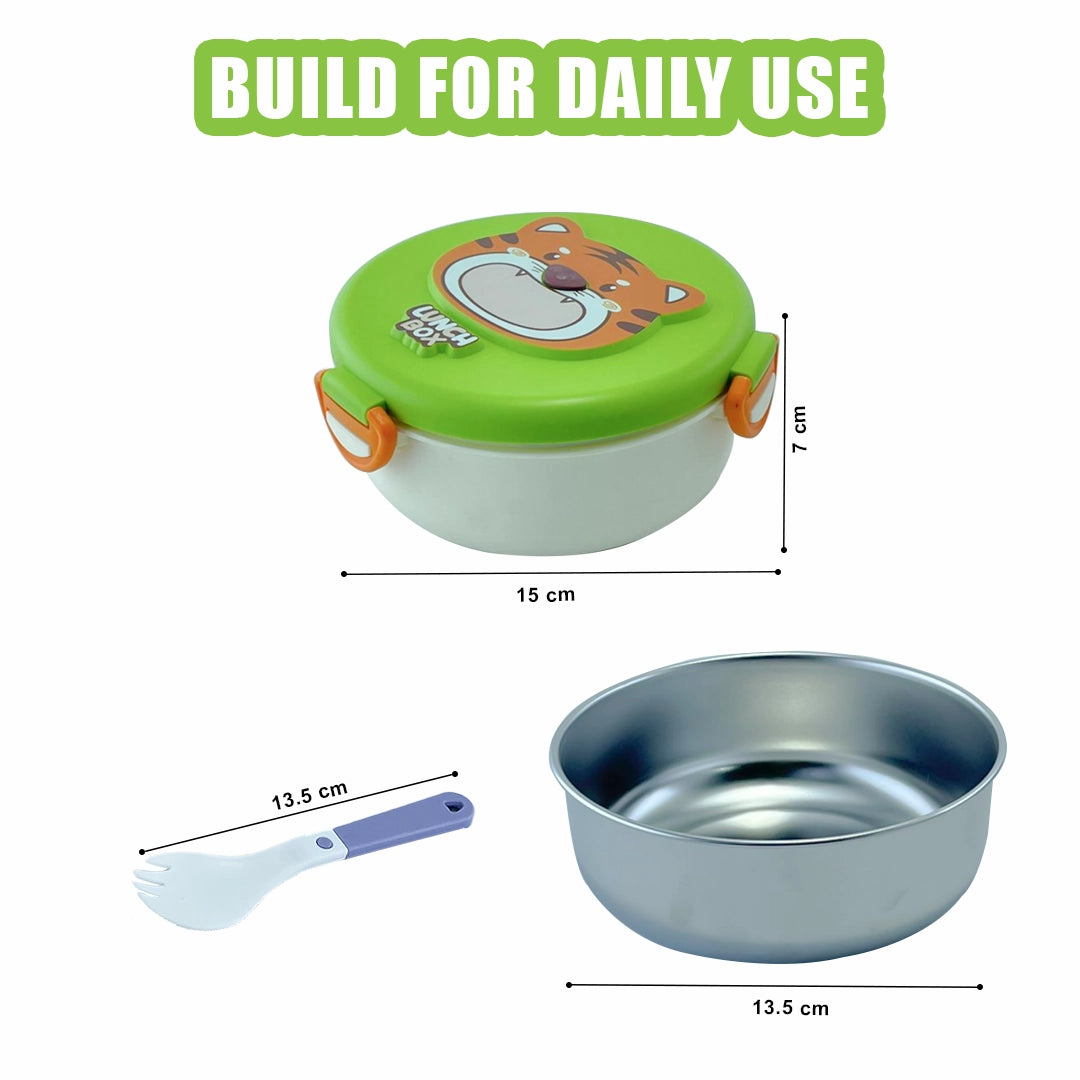 Cute Cartoon Kids Round Lunch Box with Spoon – Stainless Steel Interior, BPA-Free