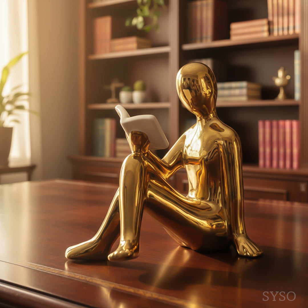 Luxury Golden Man Reading Figurine – Modern Home & Office Decor Showpiece