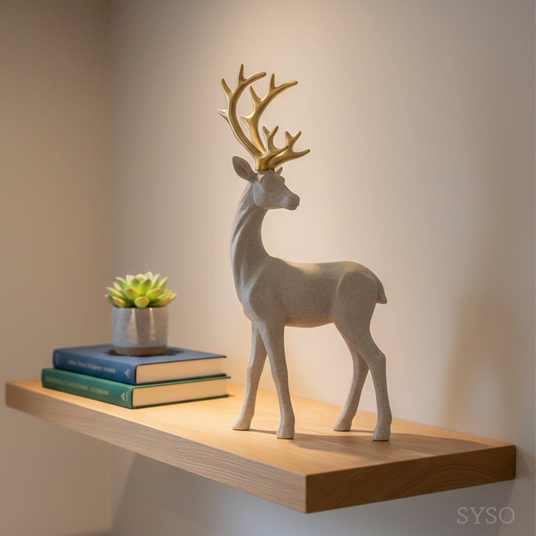 Elegant Deer Sculpture with Gold Antlers – Luxury Resin Animal Showpiece