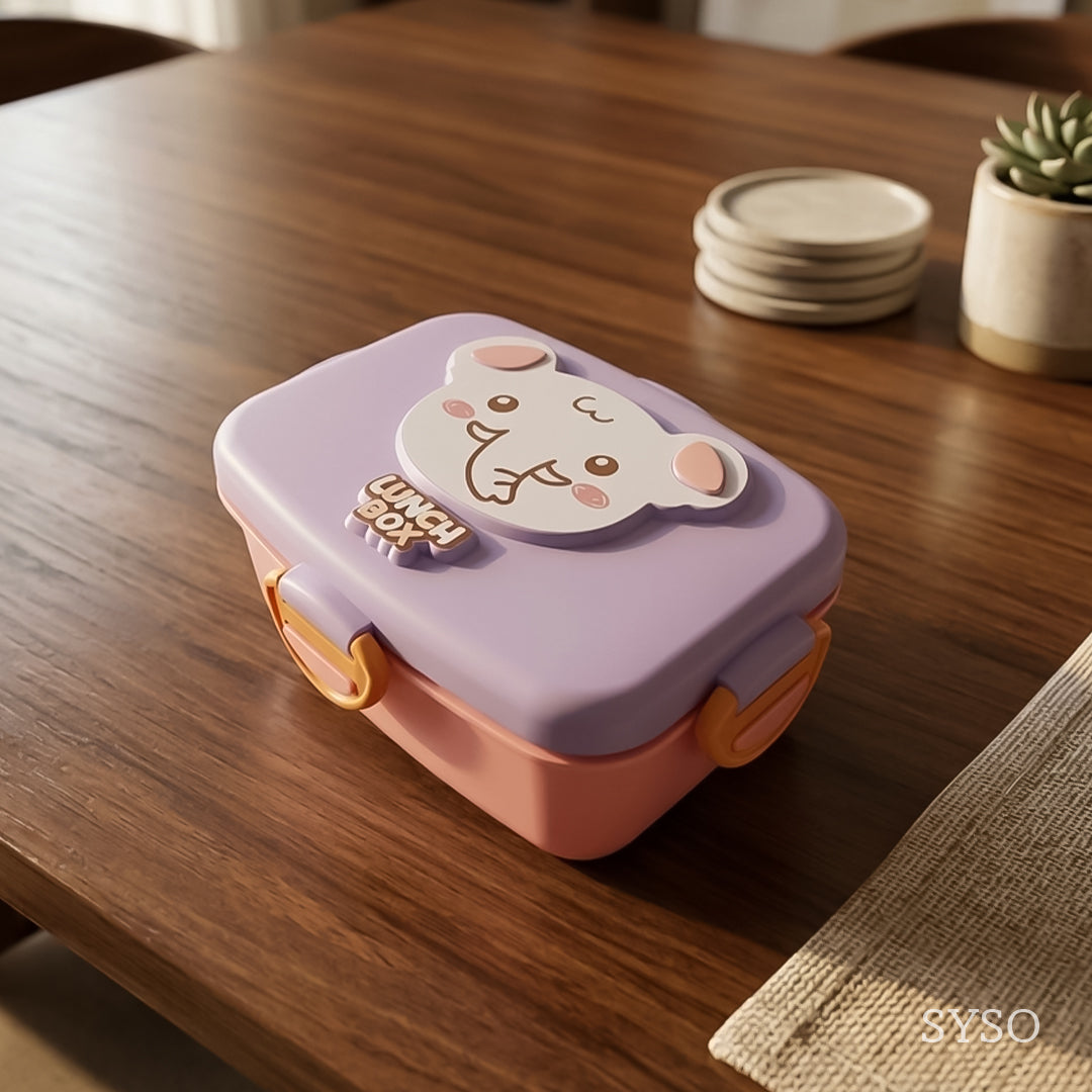 Cute Cartoon Kids  Rectangular Box with Spoon – Stainless Steel Interior, BPA-Free