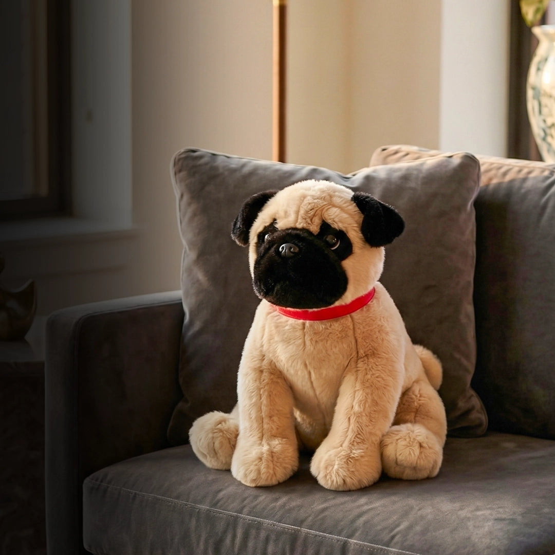 Ultra-Soft Beige Pug Plush Toy with Red Collar
