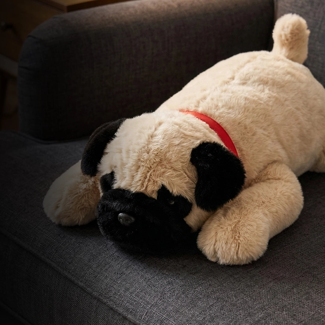 Ultra-Soft Beige Pug Plush Toy with Red Collar