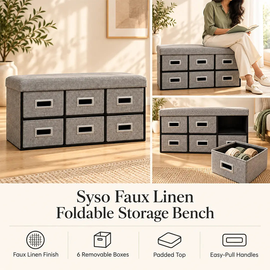 Syso Six Drawer Faux Linen Storage Bench