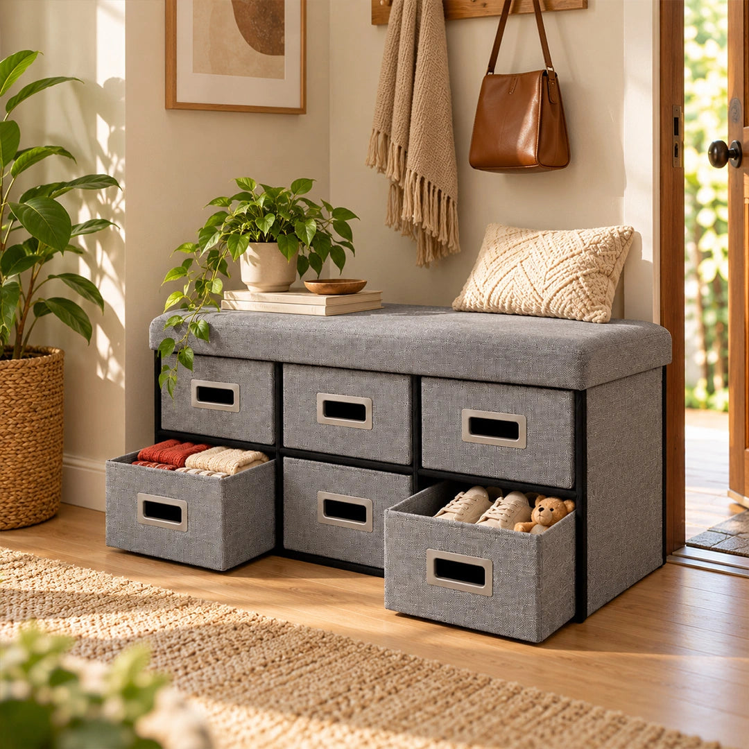 Syso Six Drawer Faux Linen Storage Bench