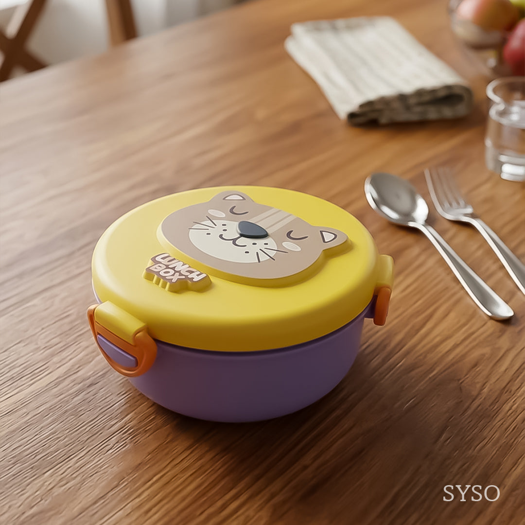 Cute Cartoon Kids Round Lunch Box with Spoon – Stainless Steel Interior, BPA-Free