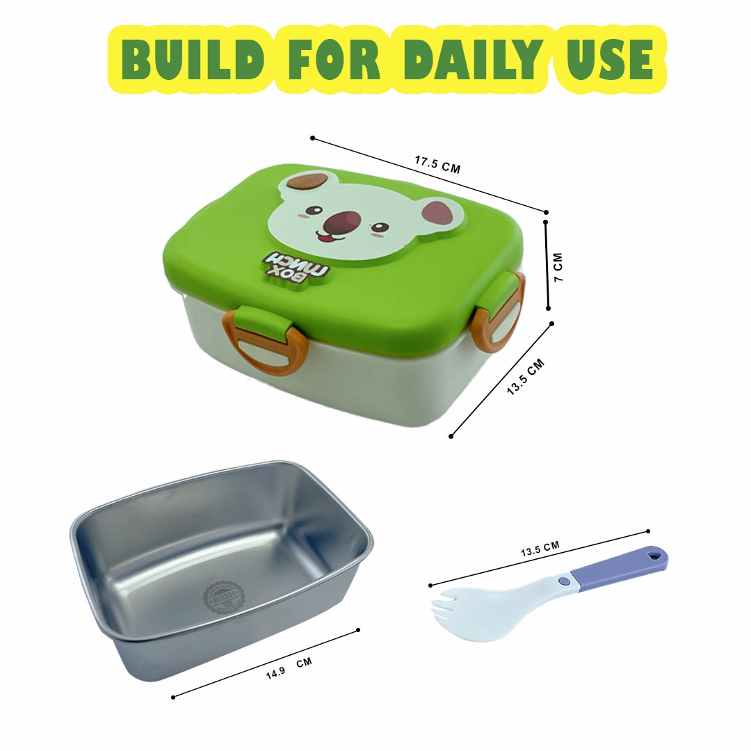 Cute Cartoon Kids  Rectangular Box with Spoon – Stainless Steel Interior, BPA-Free