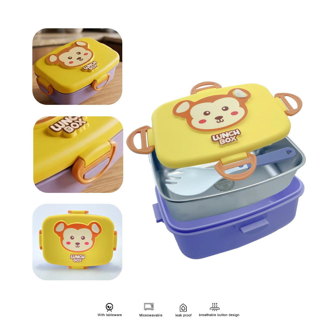 Cute Cartoon Kids  Rectangular Box with Spoon – Stainless Steel Interior, BPA-Free