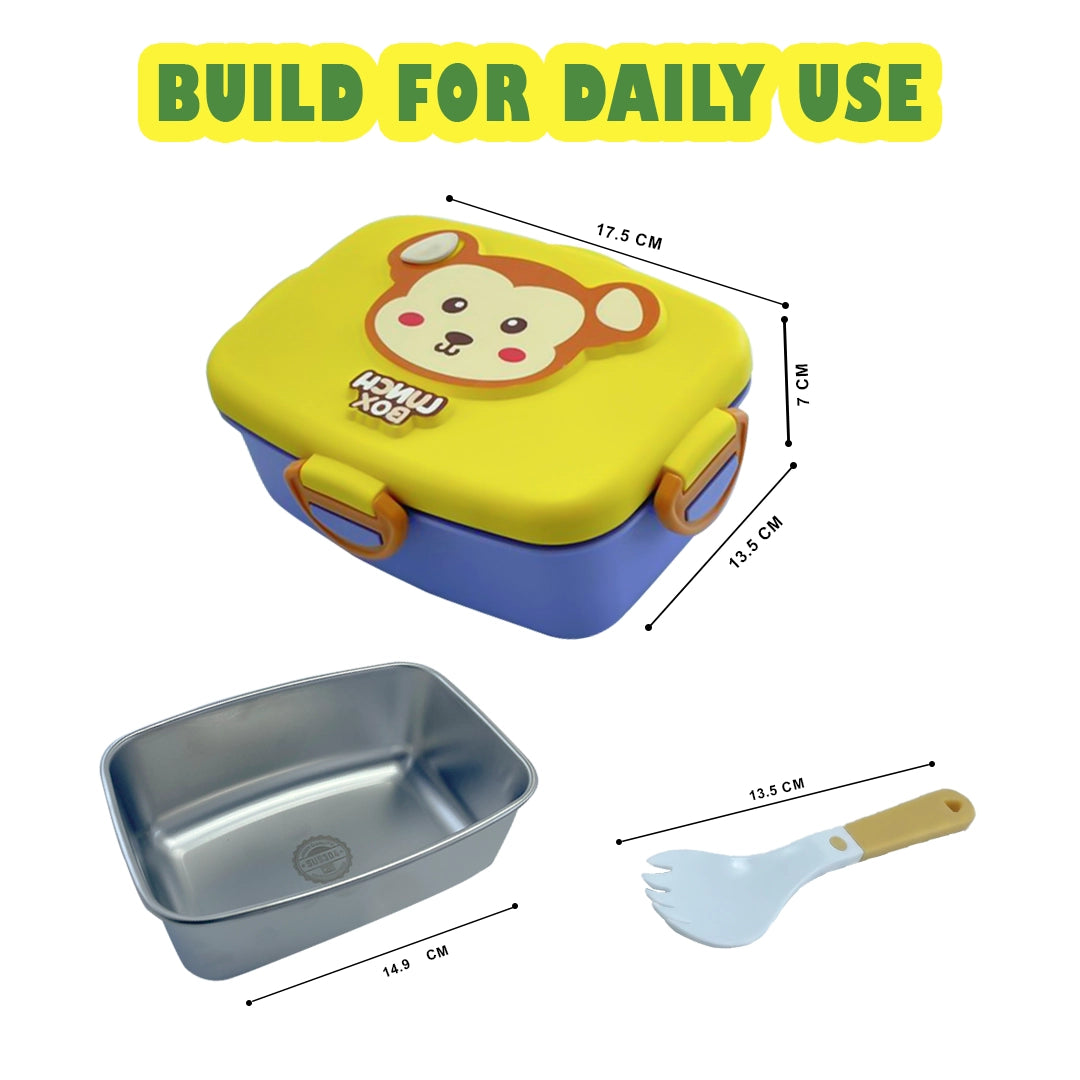 Cute Cartoon Kids  Rectangular Box with Spoon – Stainless Steel Interior, BPA-Free